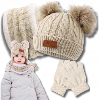 Čepice Dětská Čepice Sada rukavic Zima nákrčník dětský žebrovaný set Béžová