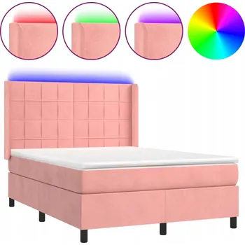 Postel Kontinentální postel s matrací, LED osvětlením, růžová, 193x147x118/128 cm