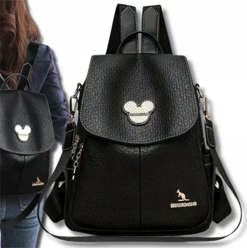 Kabelka Plecak damski czarny myszka skórzany elegantní městský 2v1 kabelka přes rameno