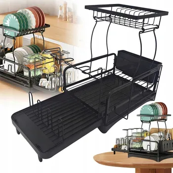 Odkapávač na nádobí ODKAPÁVAČ NA NÁDOBÍ S ODKAPEM NA PŘÍBORY, VELKÝ, DVOUÚROVŇOVÝ, ČERNÝ