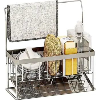 Odkapávač na nádobí Organizér na dřez, kuchyňská police s odtokovou miskou, úzký stojan na houbičky, úložný box na dřez