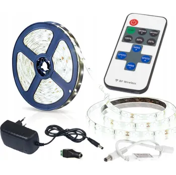 LED páska BERGE LED pásek - 5m - 12V - 24W - studená bílá - stmívač - sada