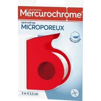 Mercurochromová lepicí páska, mikroporézní, 5 m x 2,5 cm