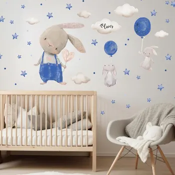 Samolepící dekorace Inspio Samolepky pro chlapečka - Zajíčci létající s balónky Velký zajíček v. 76 x š. 64 + zajíčci s balony a doplňky