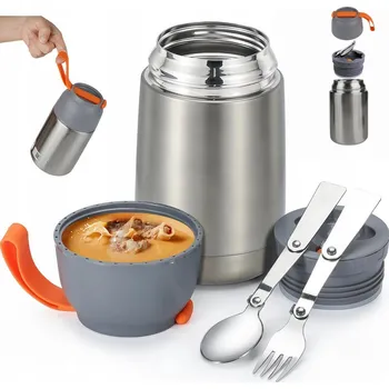 Termoska 650ML JÍDELNÍ TERMOSKA NEREZOVÁ OCEL S LŽIČKOU A VIDLIČKOU SE ŠIROKÝM OTVOREM