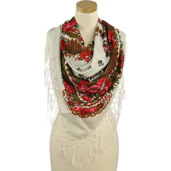 Šátek Lidový šátek Folk love - velký, horský styl, s třásněmi, květiny Bílý