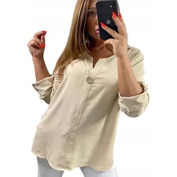 Dámská halenka B1141 HALENKA S VYHRNUTÝM RUKÁVEM A OZDOBNÝM KNOFLÍKEM, BÉŽOVÁ vel. 48 (4XL)