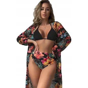 Dámské plavky PLAVKY BIKINI KIMONO KVĚTINY ČERNÉ L