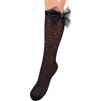 Dívčí podkolenky s imitací punčocháčů, s jetovými kamínky a mašlí, černé, velikost 35-38 YOCLUB