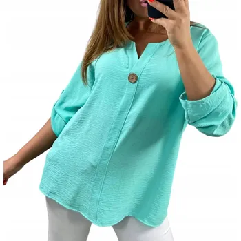 Dámská halenka B1141 HALENKA S VYHRNUTÝM RUKÁVEM A OZDOBNÝM KNOFLÍKEM MÁTA vel. 48 (4XL)