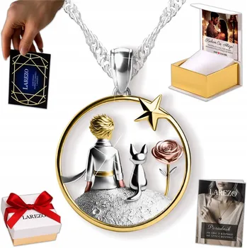 Náhrdelník Stříbrný Náhrdelník Malý Princ a Liška POZLACENÝ Květ Růže Hvězda STŘÍBRO 925