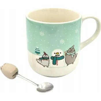 Pusheen Keramický hrnek s uchem 350 ml zeleno-bílý + lžička
