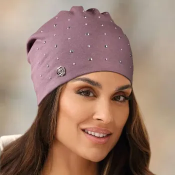 Čepice KRUMLOVANKA Bavlněná dámská čepice se stříbrnými kamínky W-0651/890 tmavě starorůžová