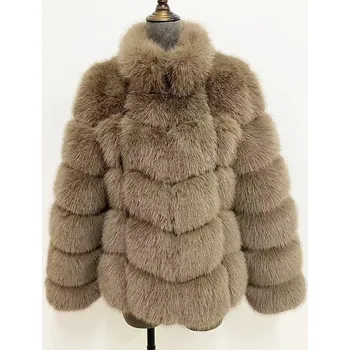 Dámský kožich A.Zado.Rin Luxusní dámský kožich, nadýchaný elegantní kabát Tmavě Hnědá L