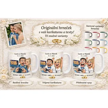 Hrnek svatební 8 - bílý / přehnané rysy