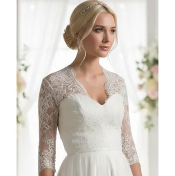 Bolerko Svatební kabátek z francouzské krajky s V-výstřihem, ivory BNK-66 Vybraná velikost: M