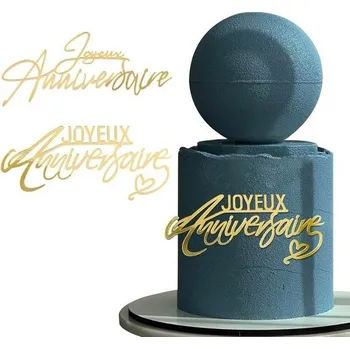 BETESSIN 2 ks francouzské Joyeux Anniversaire dortové dekorace akrylové dekorace na dort košíčky