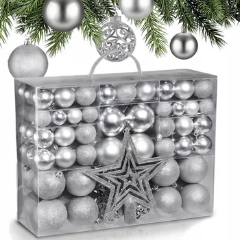 Vánoční dekorace SADA VÁNOČNÍCH BANĚK XXL 101 KUSŮ stříbrná VÁNOČNÍ OZDOBY + HVĚZDA