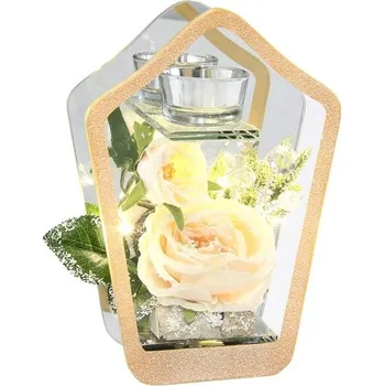 Zahradní dekorace Dekorovaný skleněný svícen na čajovou svíčku s umělým květem růže a LED světlem, lampa, svícen,