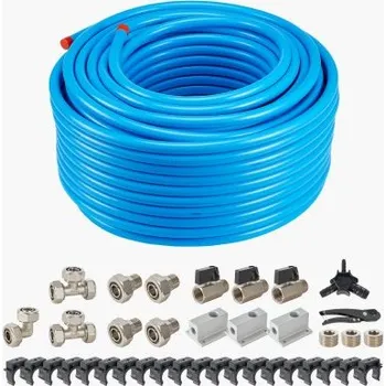 Kompresor Sada potrubí pro vzduchový kompresor VEVOR, 300 stop x 3/4", systém potrubí pro stlačený vzduch z HDPE a hliníku, těsný, odolný vůči tlaku a snadno instalovatelný, sada trubek pro stlačený vzduch pro garáže a dílny, modrá