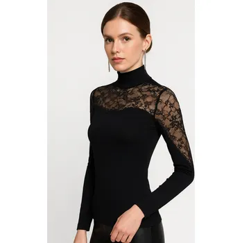 Dámské tričko Jadea - Luxusní bavlněný rolák s dlouhým rukávem s krajkou 4465 - M/černá