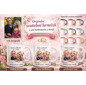 Hrnek svatební 1 - bílý / přehnané rysy