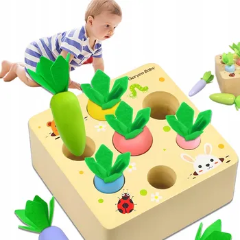 Dřevěná hračka MONTESSORI DŘEVĚNÉ MRKVE TŘÍDĚNÍ PODLE TVARŮ DOVEDNOSTNÍ HRA