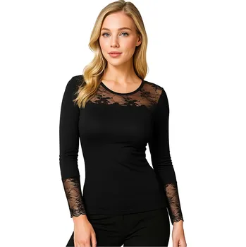 Pánské tričko Jadea - Bavlněné luxusní tričko s krajkou s dlouhými rukávy art. 4871 - S/černá