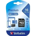 Paměťová karta Premium, microSDHC, 16GB, CL10/U1, 45/10 MB/s, adaptér, VERBATIM Verbatim