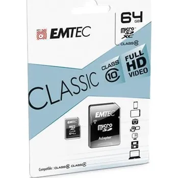 Ukládání dat Paměťová karta Classic, microSDXC, 64GB, CL10, 20/12 MB/s, adaptér, EMTEC ECMSDM64GXC10CG