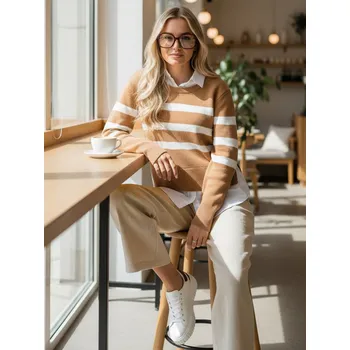 Dámské oblečení Béžovo-bílý pruhovaný svetr s košilí ASTRIDA MY2226 Velikost: ONE SIZE