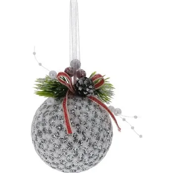 Vánoční dekorace KOOPMAN Vánoční koule 8 cm krajková se stuhou, stříbrné třpytky, mix/1ks 454431