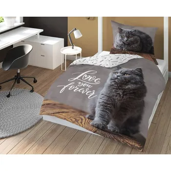 Povlečení Povlečení 140x200 šedá kočka povlak 70x80 s panelem