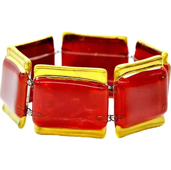 Náramek Červený náramek natahovací, ruční výroba, s pozlaceným lemováním