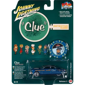 autíčko Hudson Hornet "Clue" 1951 s pokerovým žetonem Mrs. Peacock 1:64 - Johnny Lightning Hudson Hornet - kovový model