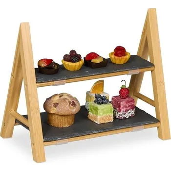 Etažér Relaxdays, 2 úrovně, s břidlicovými talíři, V x Š x H 27 x 32 x 17 cm, rustikální