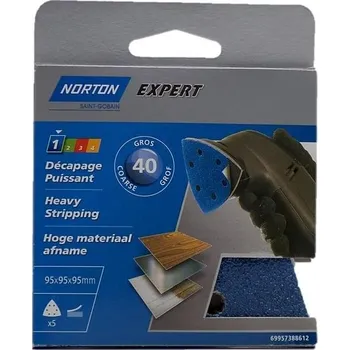 Trojúhelníkový brusný list Norton, perforovaný, 6 otvorů, samolepicí, profesionální, průměr 95 mm,