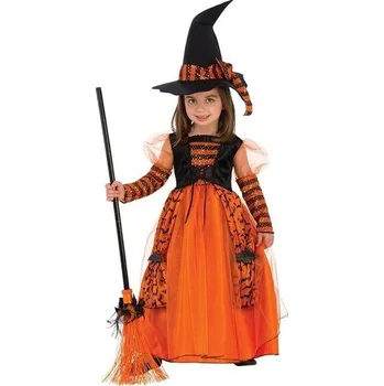 plyšák Dívčí lesklý kostým čarodějnice Rubies, dětské šaty v oranžové barvě s třpytivými detaily a