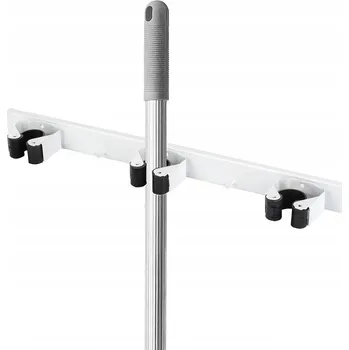 Věšák DRŽÁK NA MOP, KOŠTĚ A NÁŘADÍ TROJITÝ ZÁVĚSNÝ NA ZEĎ ŠEDÝ