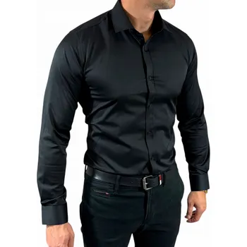 Pánská košile Košile slim fit klasická saténová hladká elegantní černá EGO04 - M