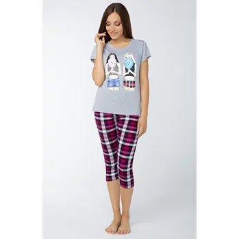 Dámské pyžamo DÁMSKÉ PYŽAMO KUBA KRÁTKÝ RUKÁV 3/4 KALHOTY MELANŽ RŮŽOVÁ KOSTKA M