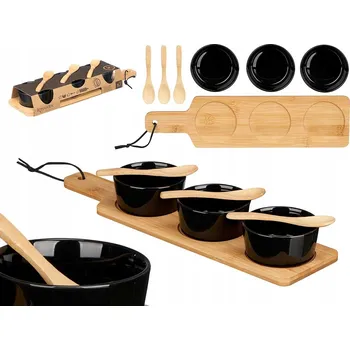 PORCELÁNOVÉ MISKY NA PŘÍLOHY ČERNÉ NA BAMBUSOVÉM PODNOSU 10 x 39 x 6 cm