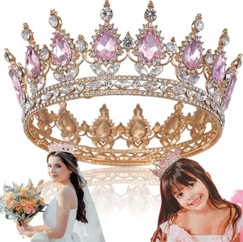 Karnevalový kostým KOVOWÝ DIADÉM S DRAHOKAMY koruna tiára královny Kameny kostým - Růžová