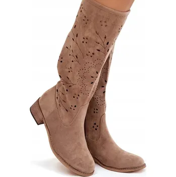 Dámské kozačky DÁMSKÉ KOZAČKY S VZOREM NA BLOKOVÉM PODPATKU NA ZIP EKO SEMIŠ BÉŽOVÉ 39