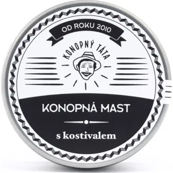 Masážní přípravek Přírodní konopná mast obohacená o kostivalový kořen. Pomáhá při bolestech kloubů, svalů, křečových žilách i popáleninách. Český ruční výrobek od Konopného Táty.