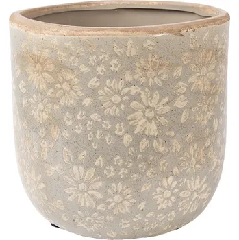 Obal na květináč Šedý antik keramický obal na květináč s květy L - Ø 18*16 cm