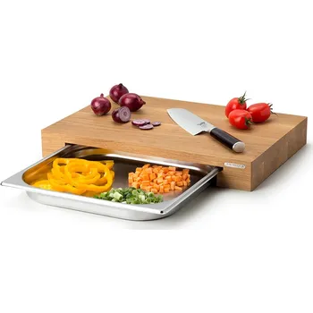 Kuchyňské prkénko Krájecí deska se zásuvkou 39 x 27 cm dub - Continenta (Prkno se zásuvkou z nerezové oceli malé dub - Continenta)