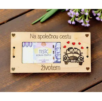 Dekorace z Řečice Dřevěná karta/přání ke svatbě na peníze auto