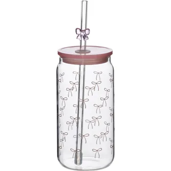 Skleněný hrnek PETER RIBBON 480 ml se slámkou čirý