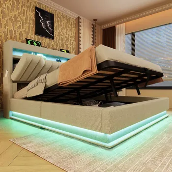 Postel Čalouněná postel s hydraulickým zvedáním, LED osvětlením a USB-C portem 140x200 cm Béžová + Matrace